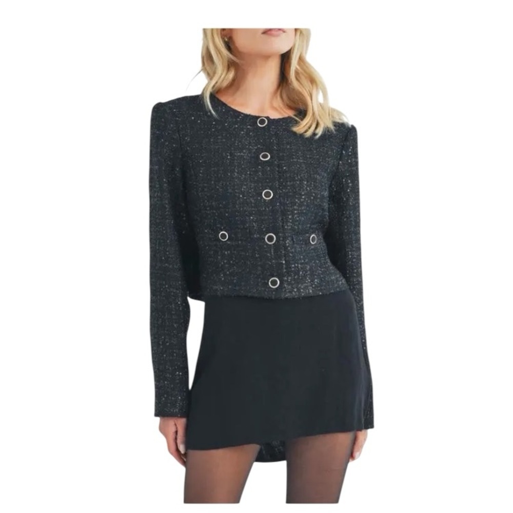 All in Favor Black Tweed Cropped Blazer with Silver-Tone Ring Buttons